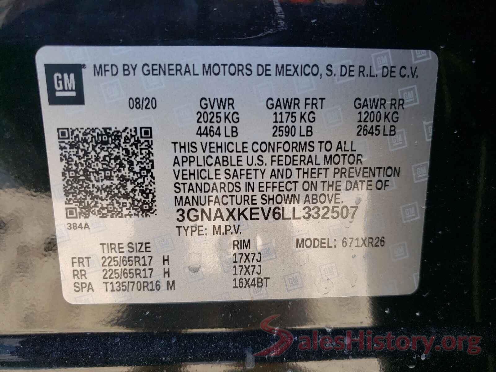 3GNAXKEV6LL332507 2020 CHEVROLET EQUINOX