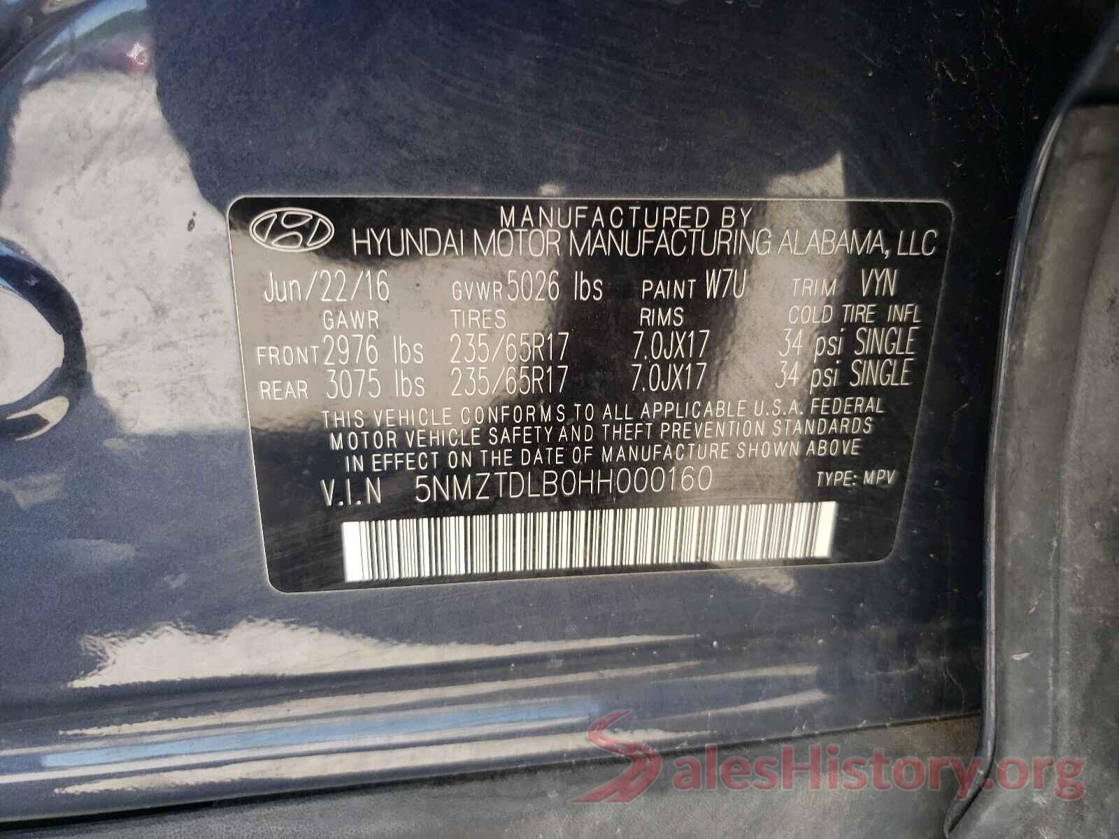 5NMZTDLB0HH000160 2017 HYUNDAI SANTA FE