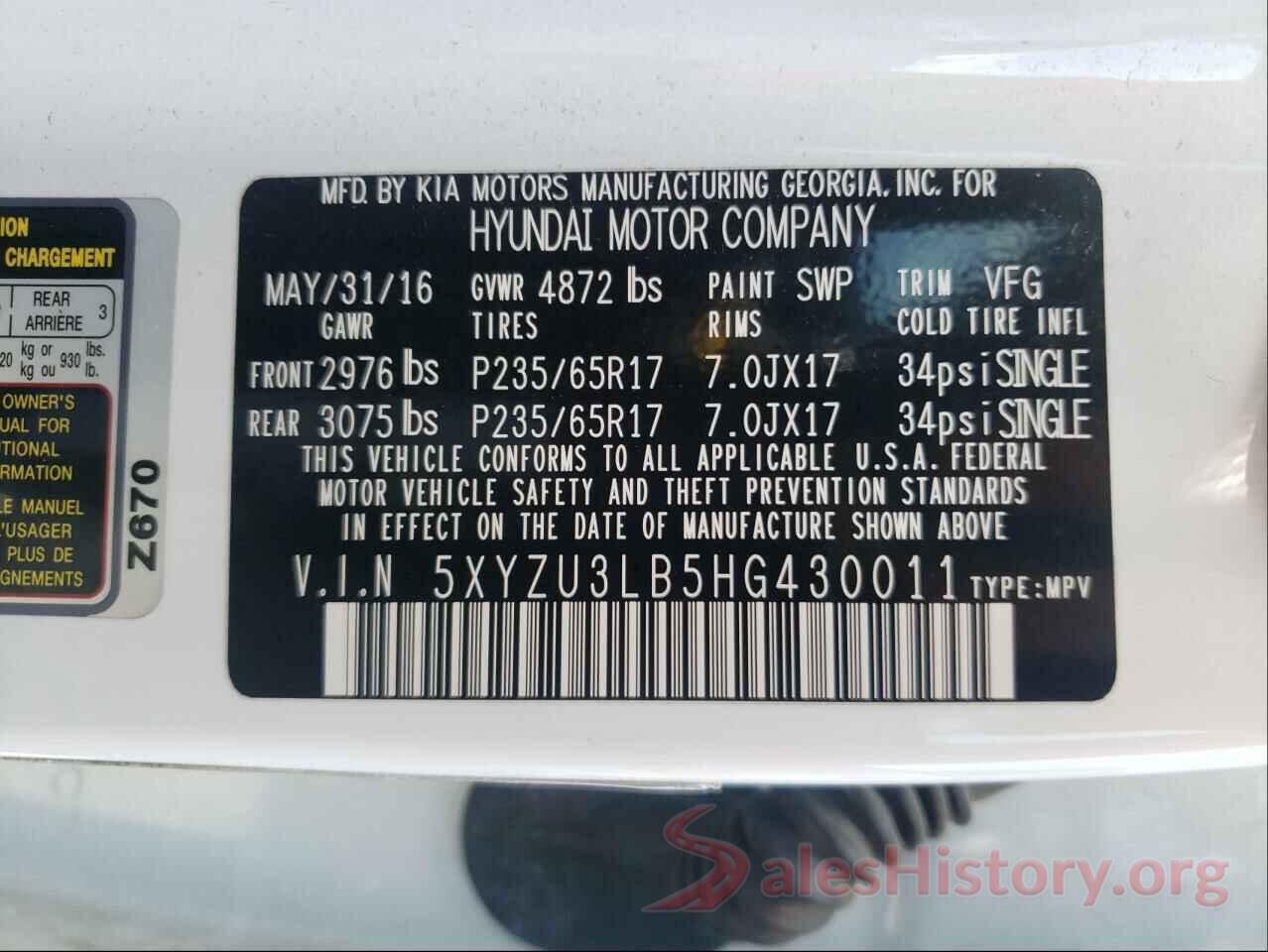 5XYZU3LB5HG430011 2017 HYUNDAI SANTA FE