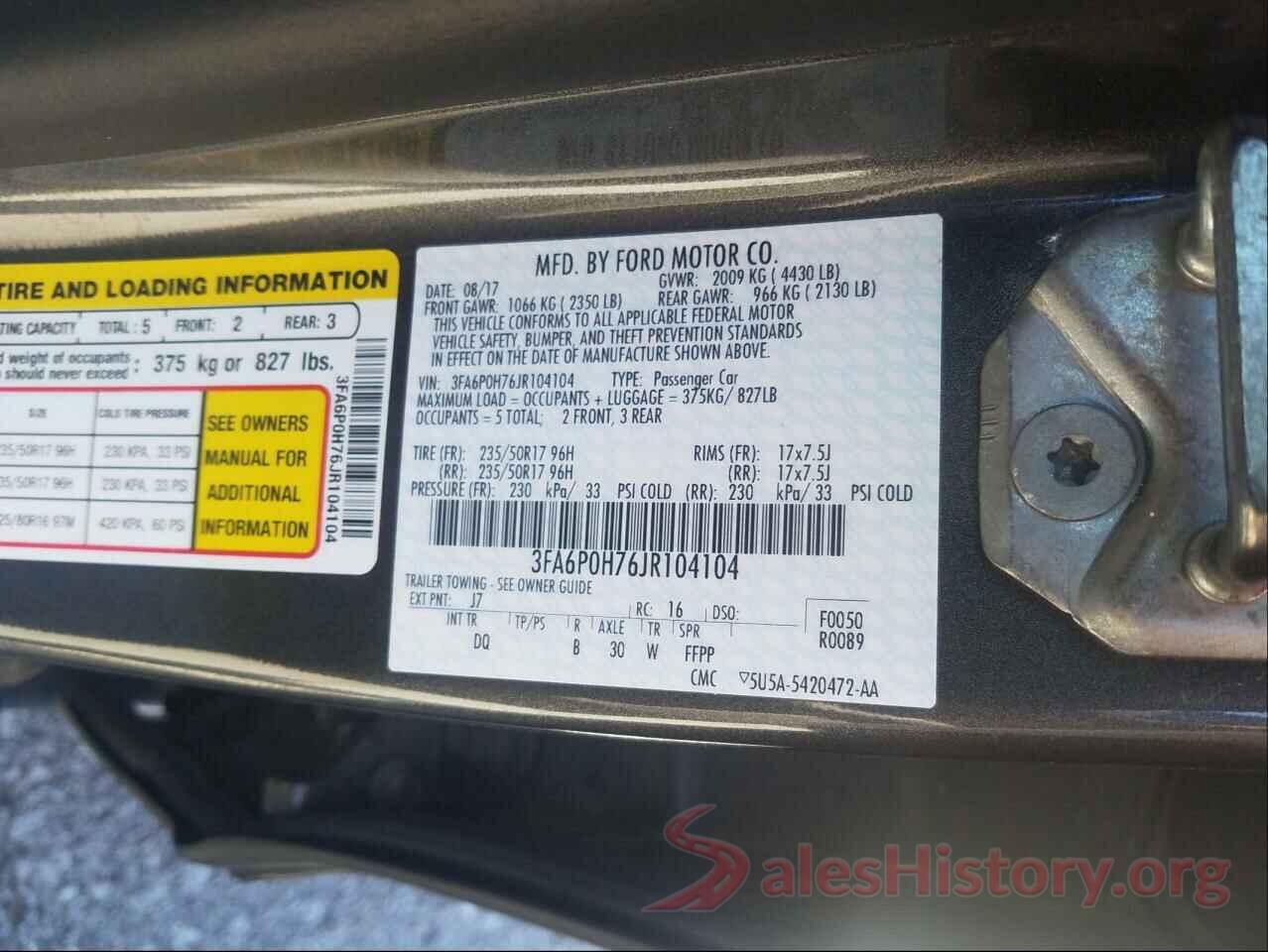 3FA6P0H76JR104104 2018 FORD FUSION