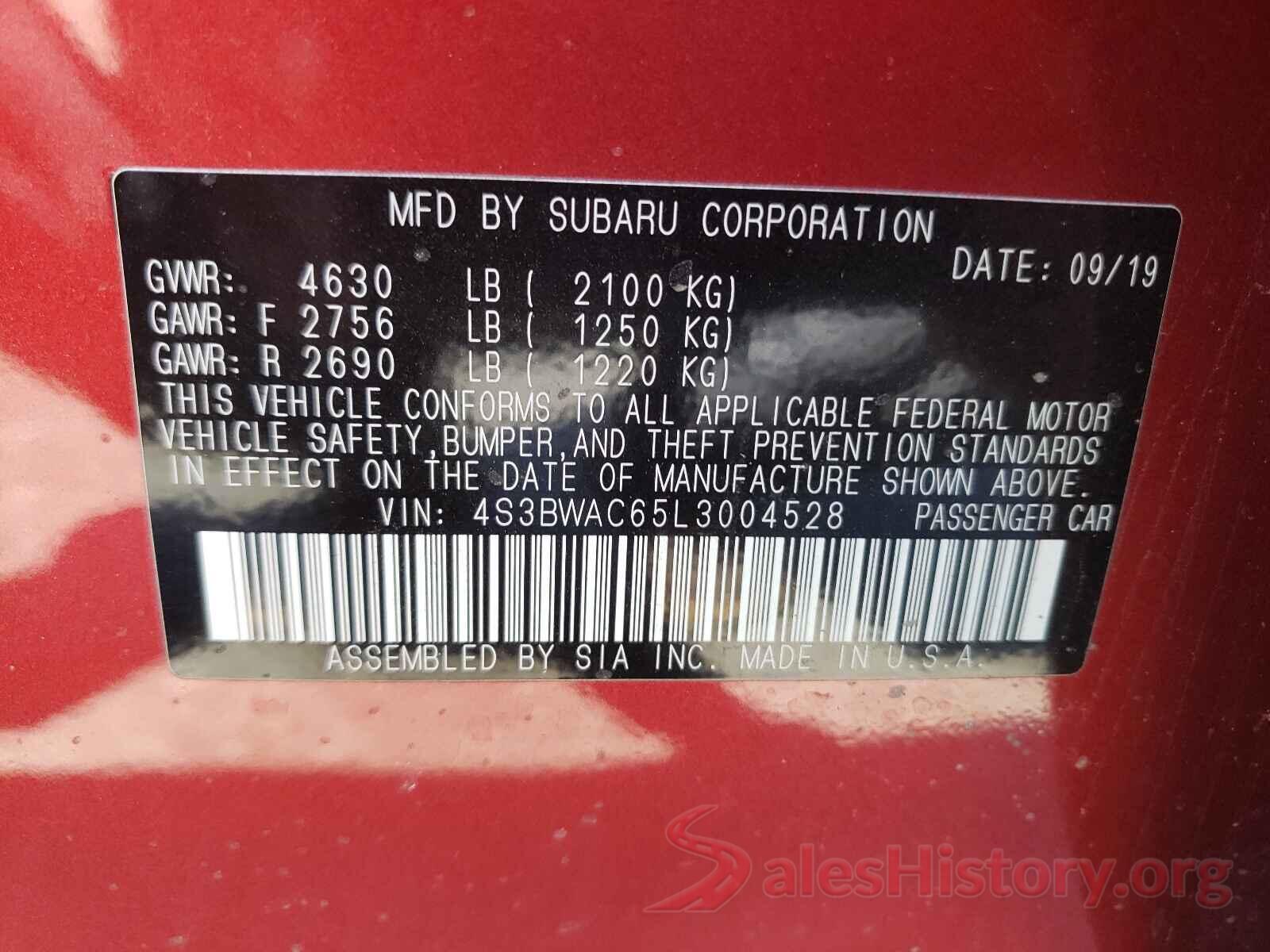 4S3BWAC65L3004528 2020 SUBARU LEGACY