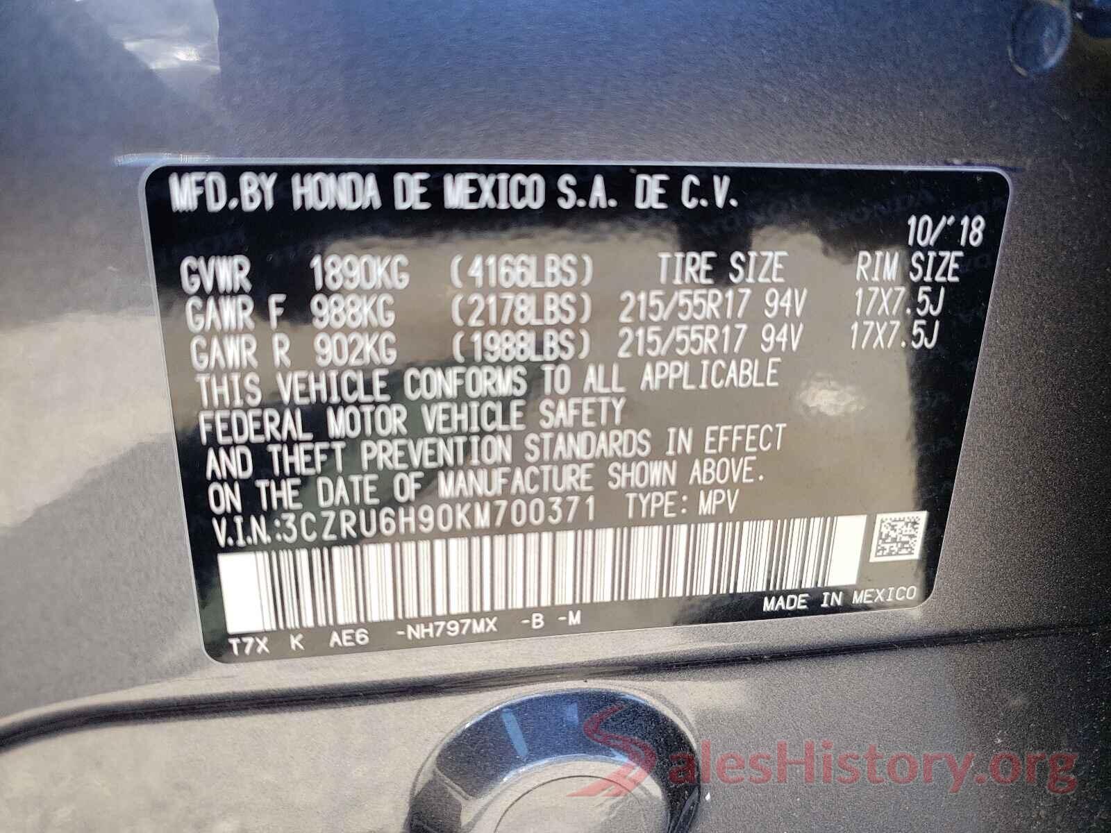 3CZRU6H90KM700371 2019 HONDA HR-V