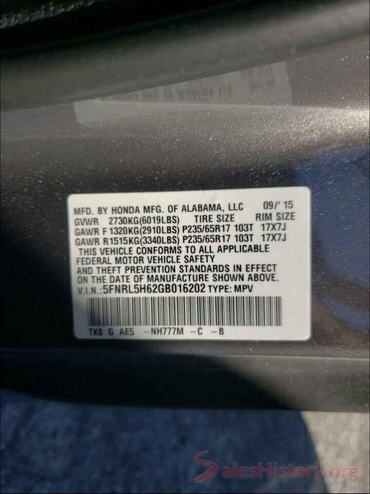 5FNRL5H62GB016202 2016 HONDA ODYSSEY