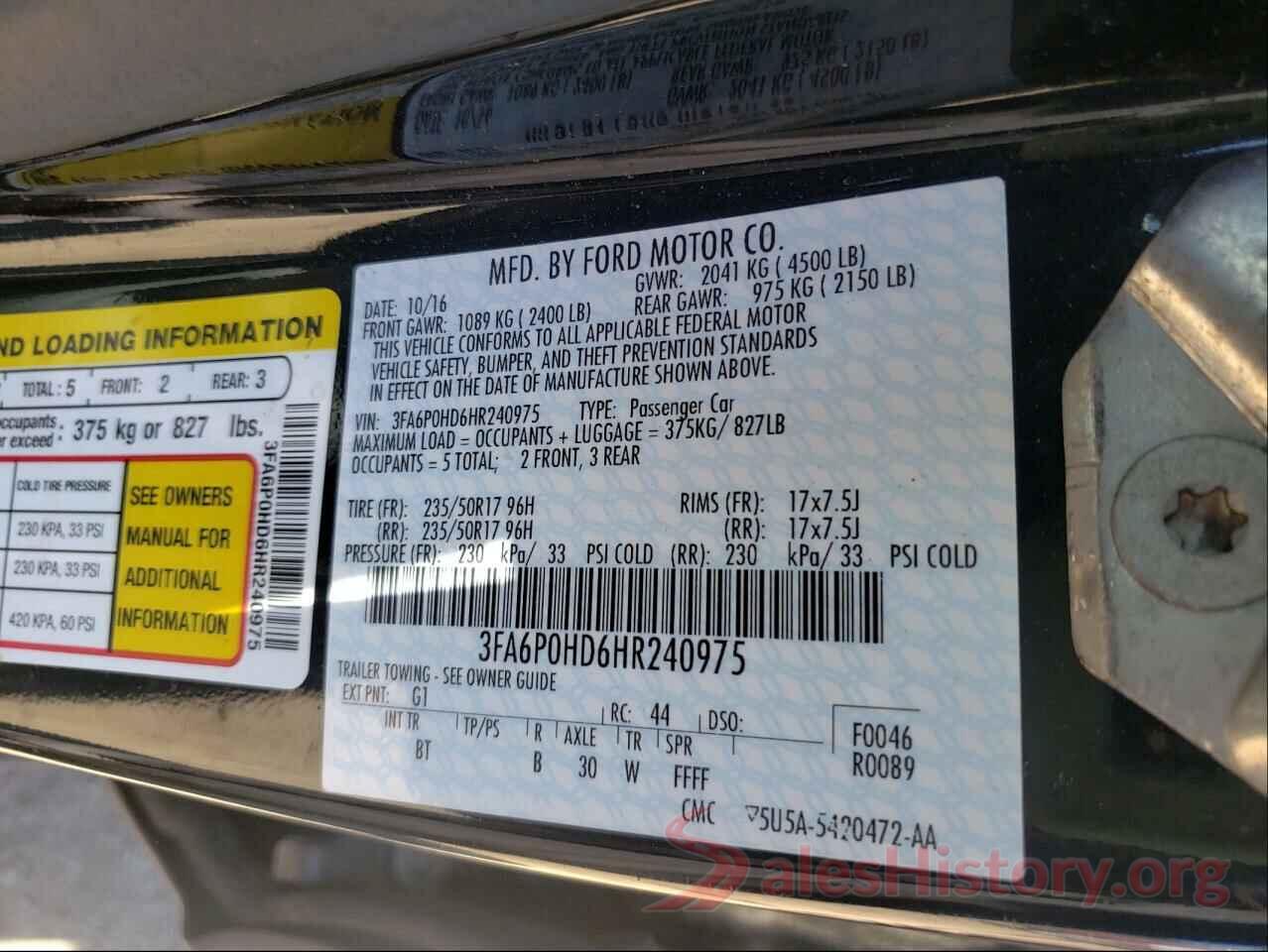 3FA6P0HD6HR240975 2017 FORD FUSION