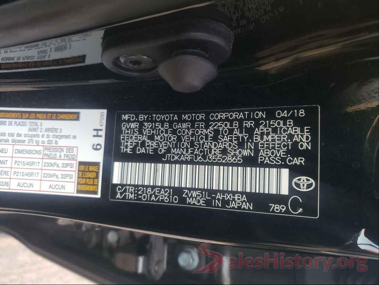 JTDKARFU6J3552865 2018 TOYOTA PRIUS