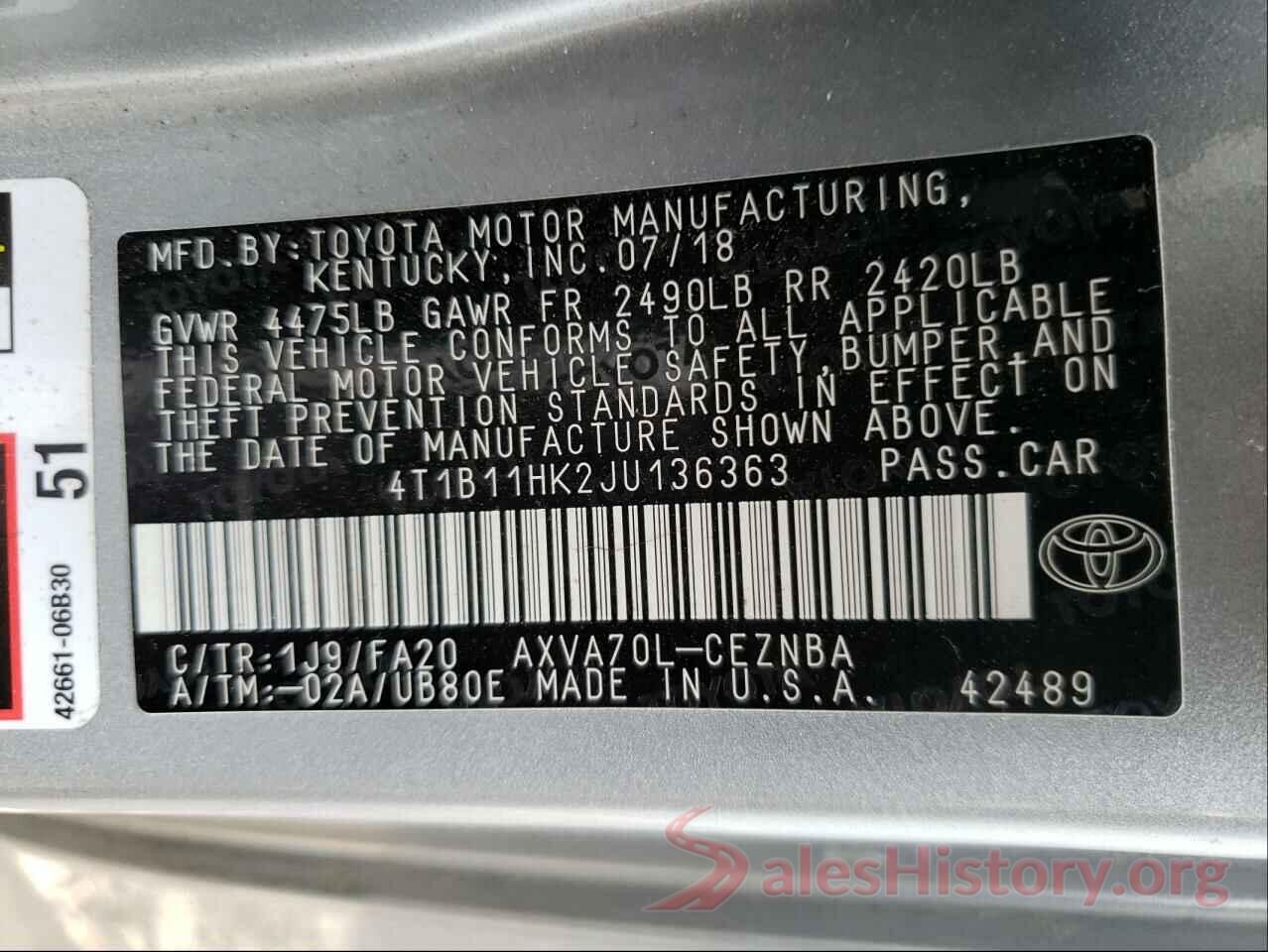 4T1B11HK2JU136363 2018 TOYOTA CAMRY