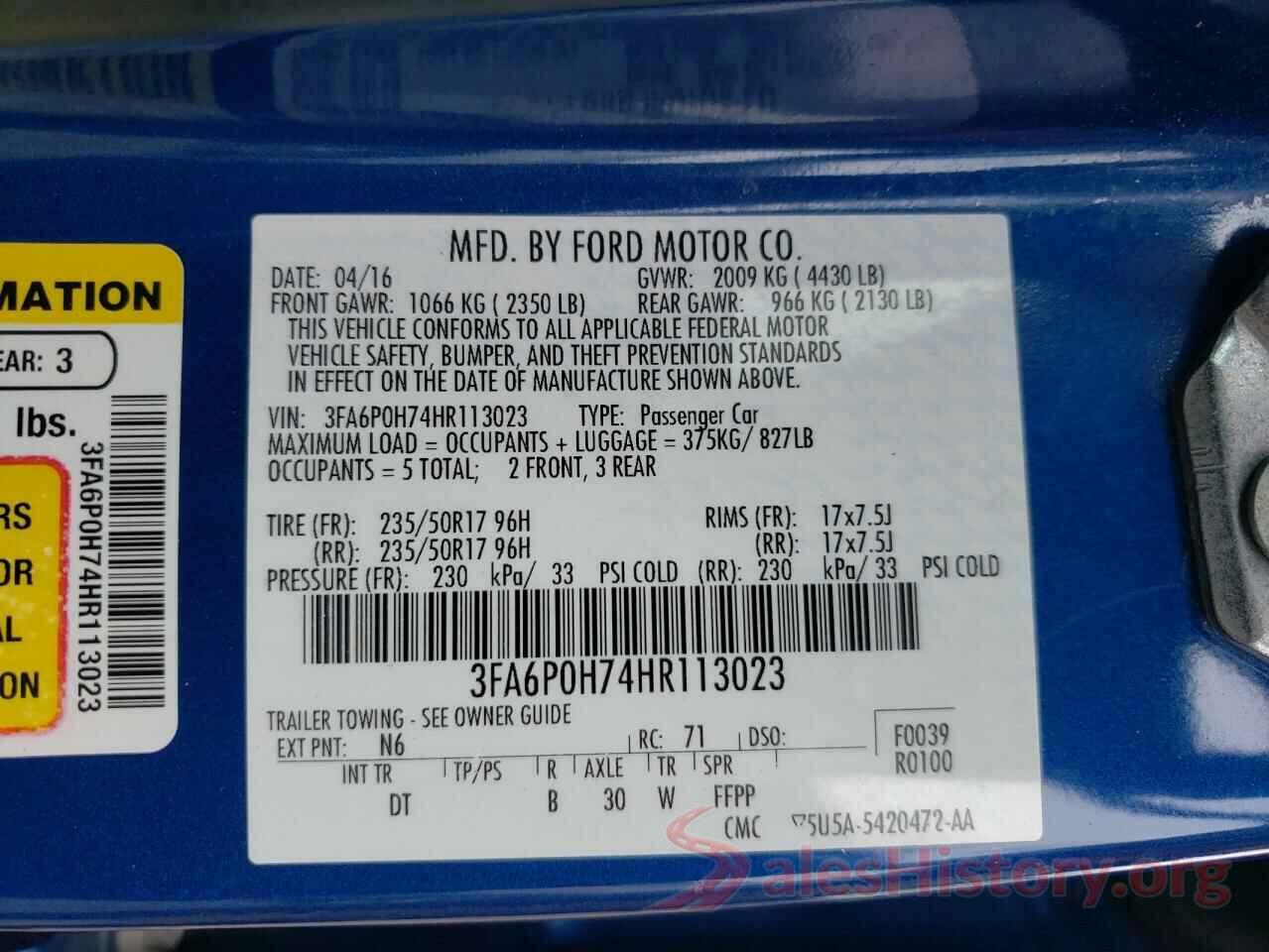 3FA6P0H74HR113023 2017 FORD FUSION