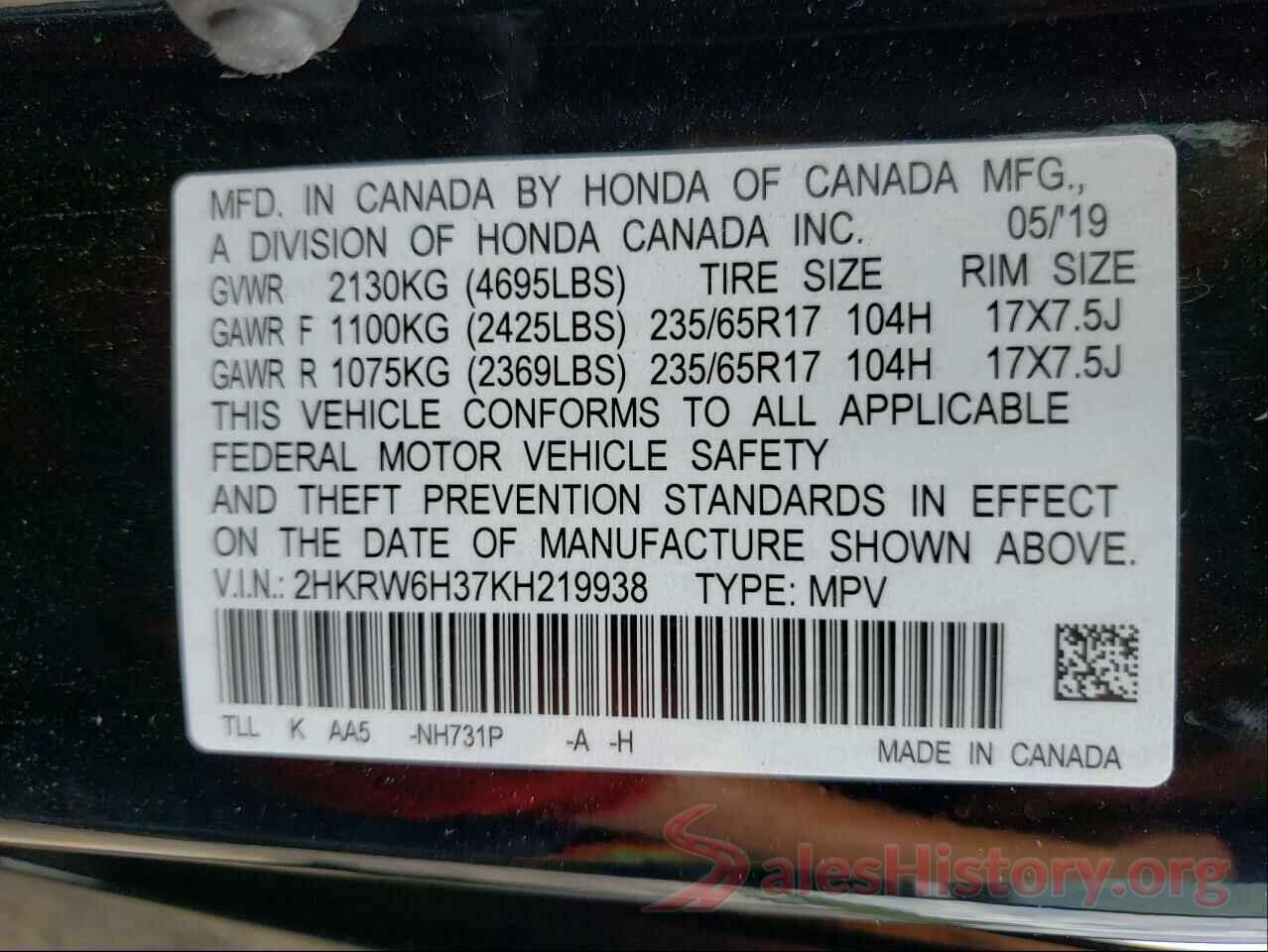 2HKRW6H37KH219938 2019 HONDA CRV