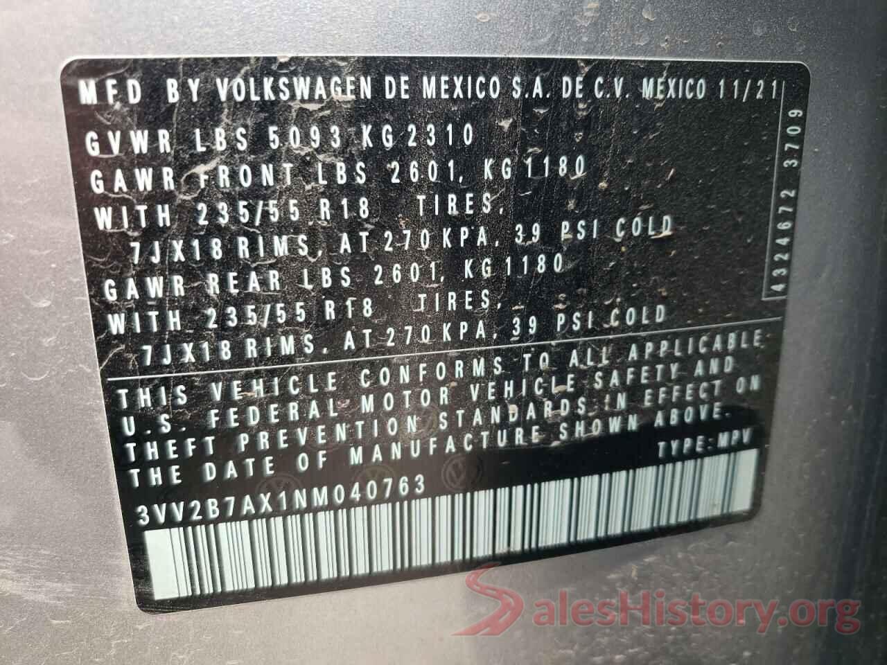 3VV2B7AX1NM040763 2022 VOLKSWAGEN TIGUAN