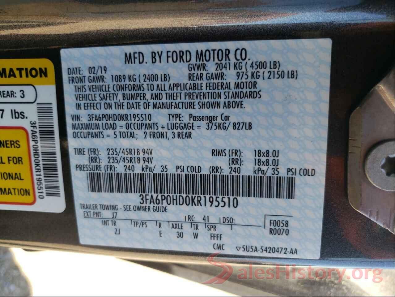 3FA6P0HD0KR195510 2019 FORD FUSION