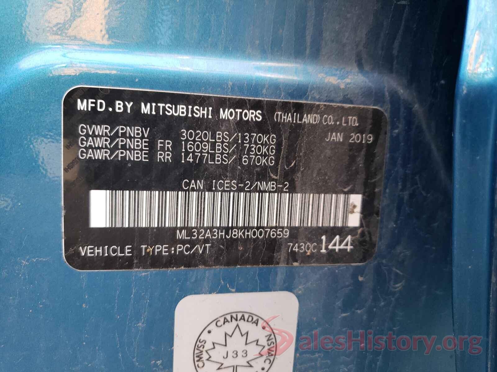 ML32A3HJ8KH007659 2019 MITSUBISHI MIRAGE