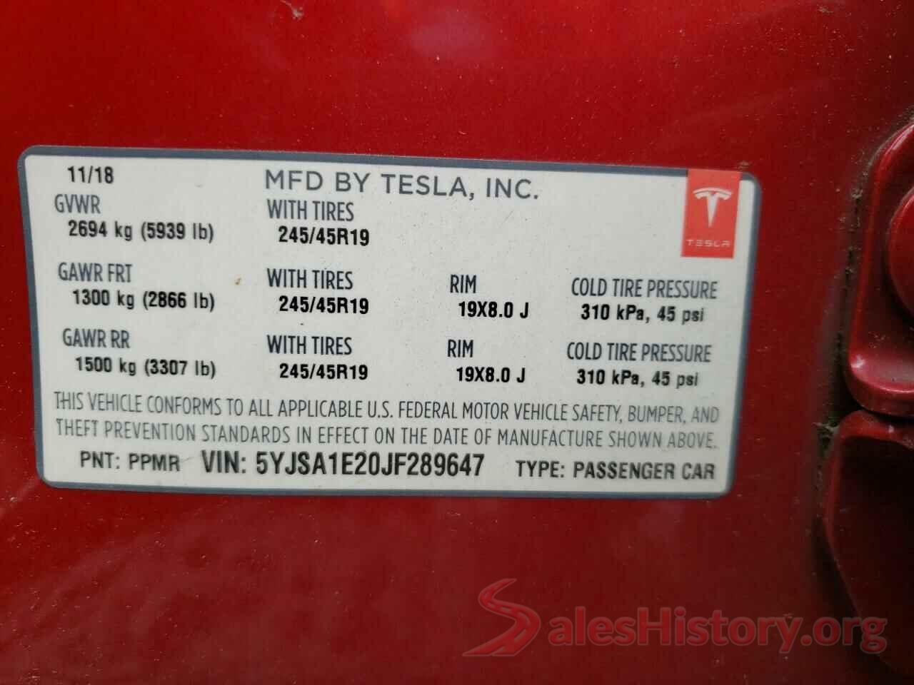 5YJSA1E20JF289647 2018 TESLA MODEL S