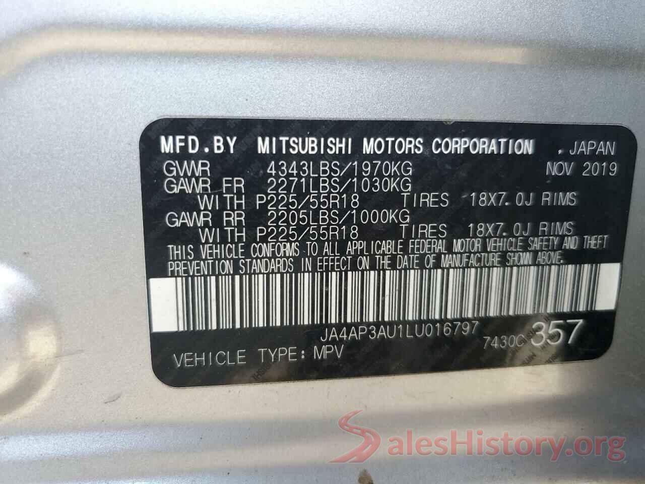 JA4AP3AU1LU016797 2020 MITSUBISHI OUTLANDER