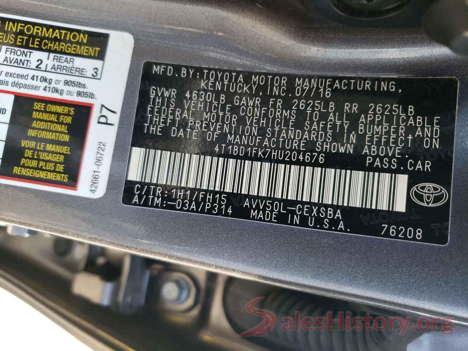 4T1BD1FK7HU204676 2017 TOYOTA CAMRY