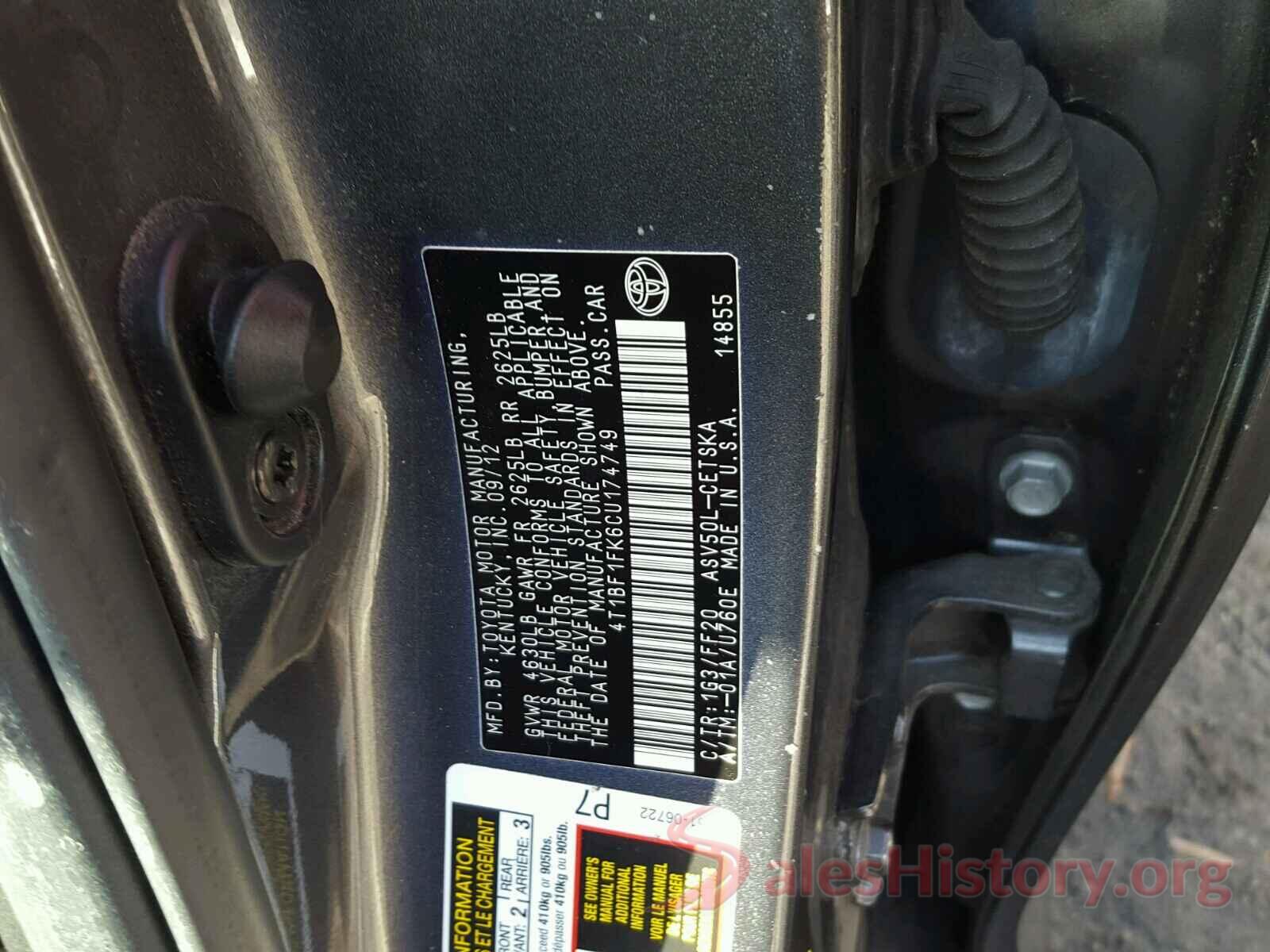 4T1BF1FK6CU174749 2012 TOYOTA CAMRY BASE