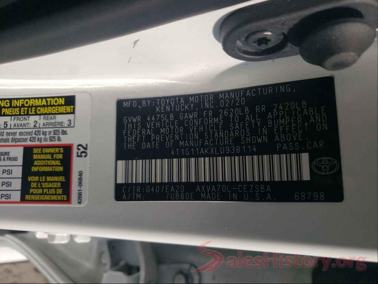 4T1G11AKXLU938114 2020 TOYOTA CAMRY