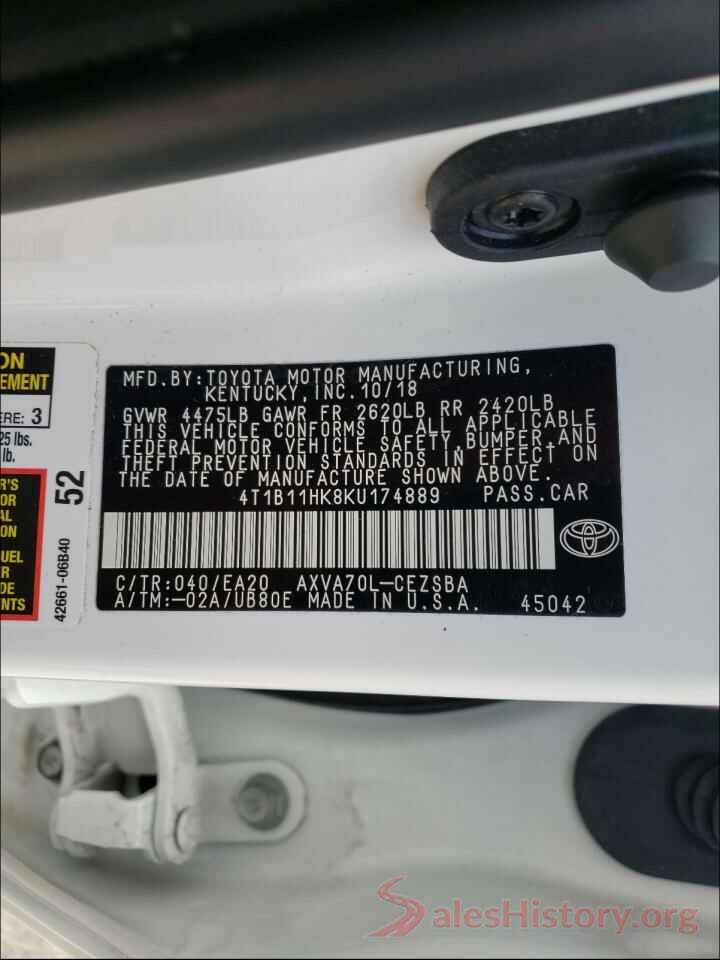 4T1B11HK8KU174889 2019 TOYOTA CAMRY