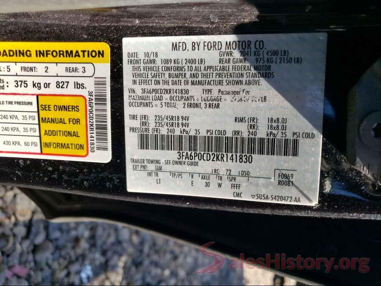 3FA6P0CD2KR141830 2019 FORD FUSION