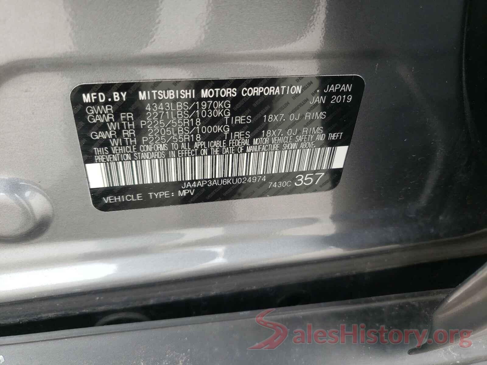 JA4AP3AU6KU024974 2019 MITSUBISHI OUTLANDER