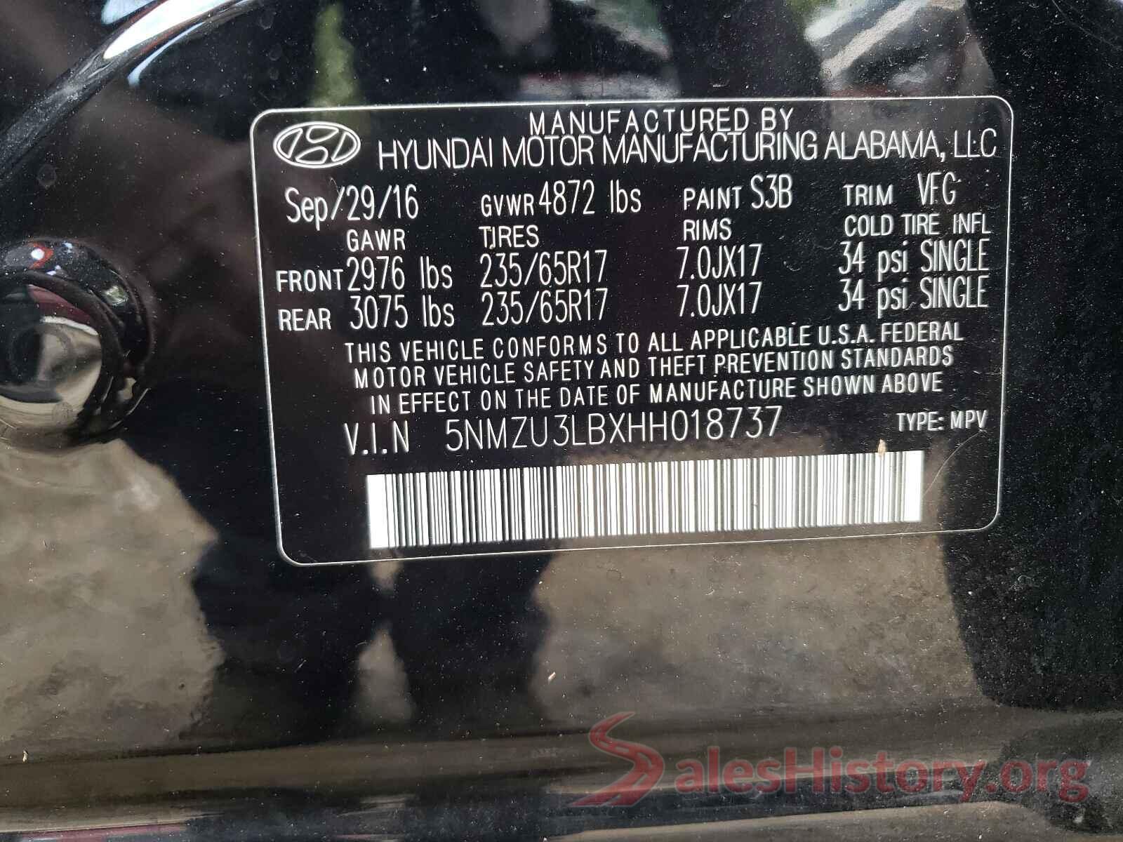 5NMZU3LBXHH018737 2017 HYUNDAI SANTA FE