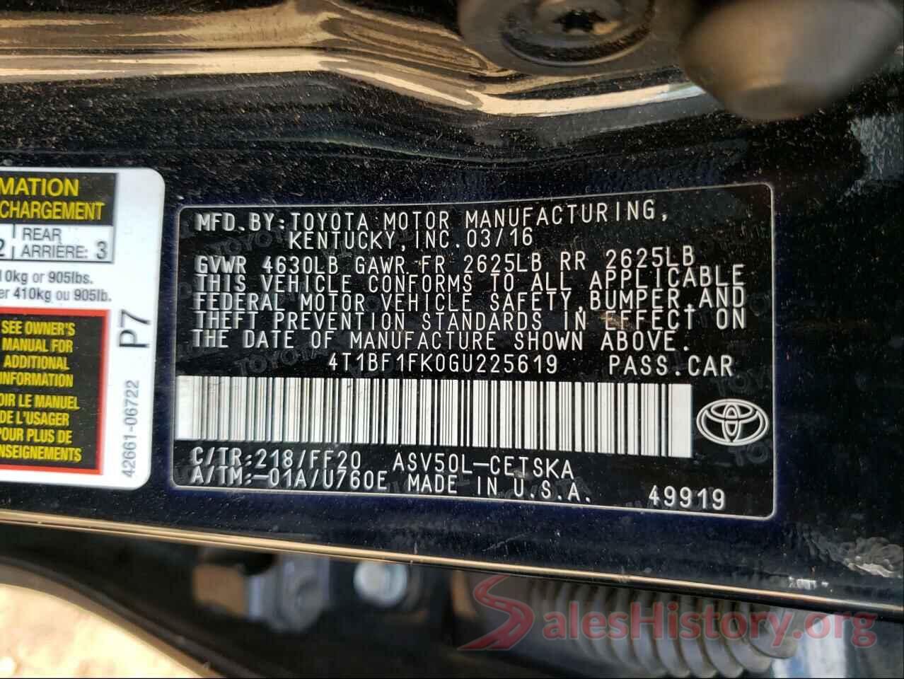 4T1BF1FK0GU225619 2016 TOYOTA CAMRY