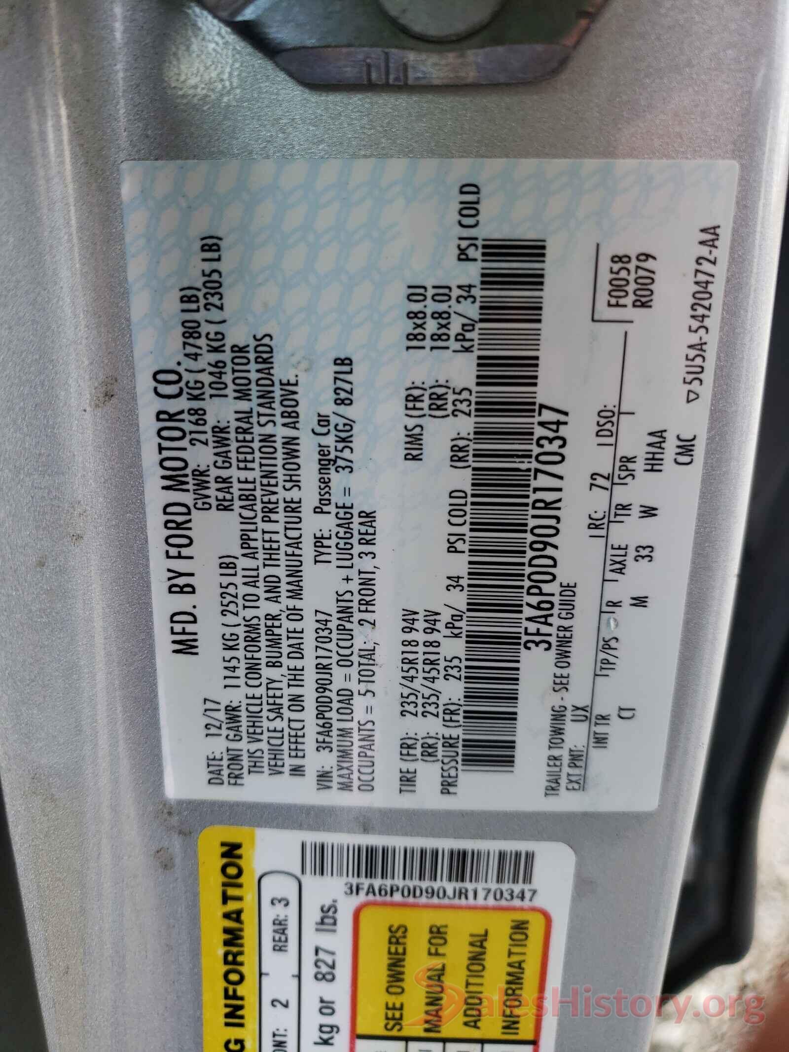 3FA6P0D90JR170347 2018 FORD FUSION