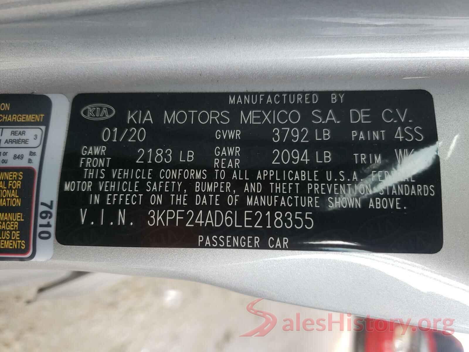 3KPF24AD6LE218355 2020 KIA FORTE