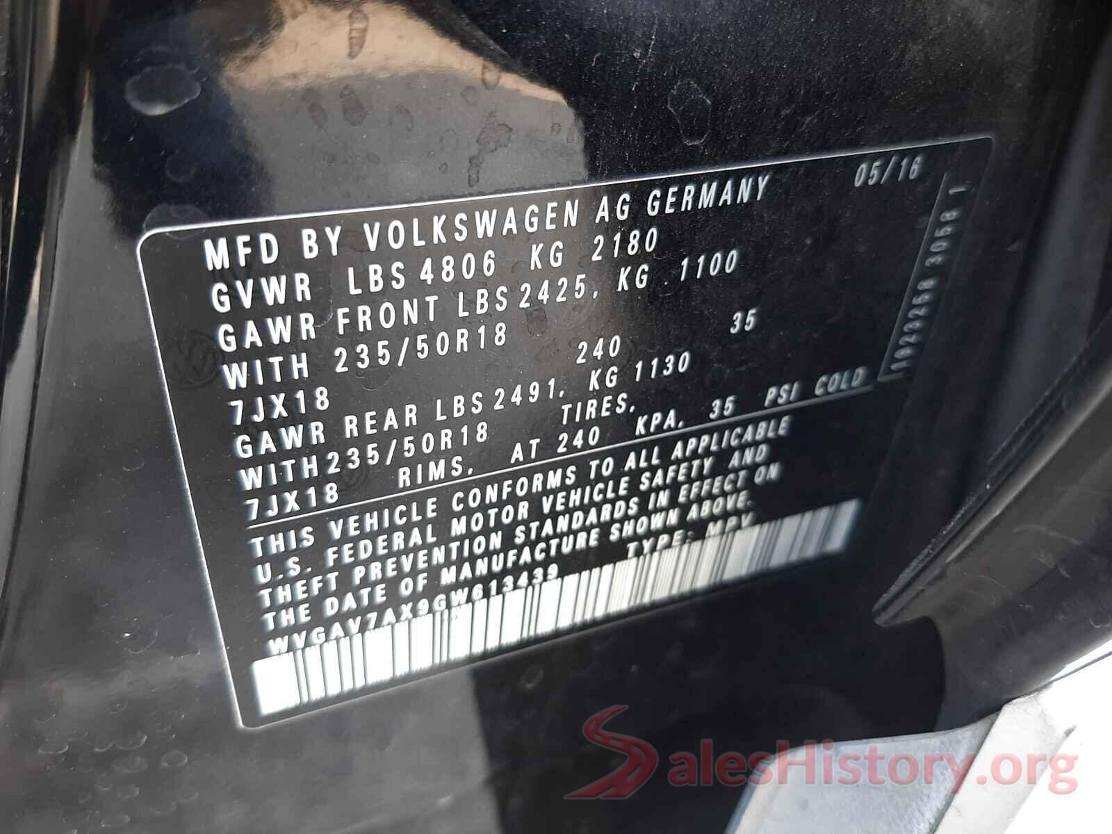 WVGAV7AX9GW613439 2016 VOLKSWAGEN TIGUAN