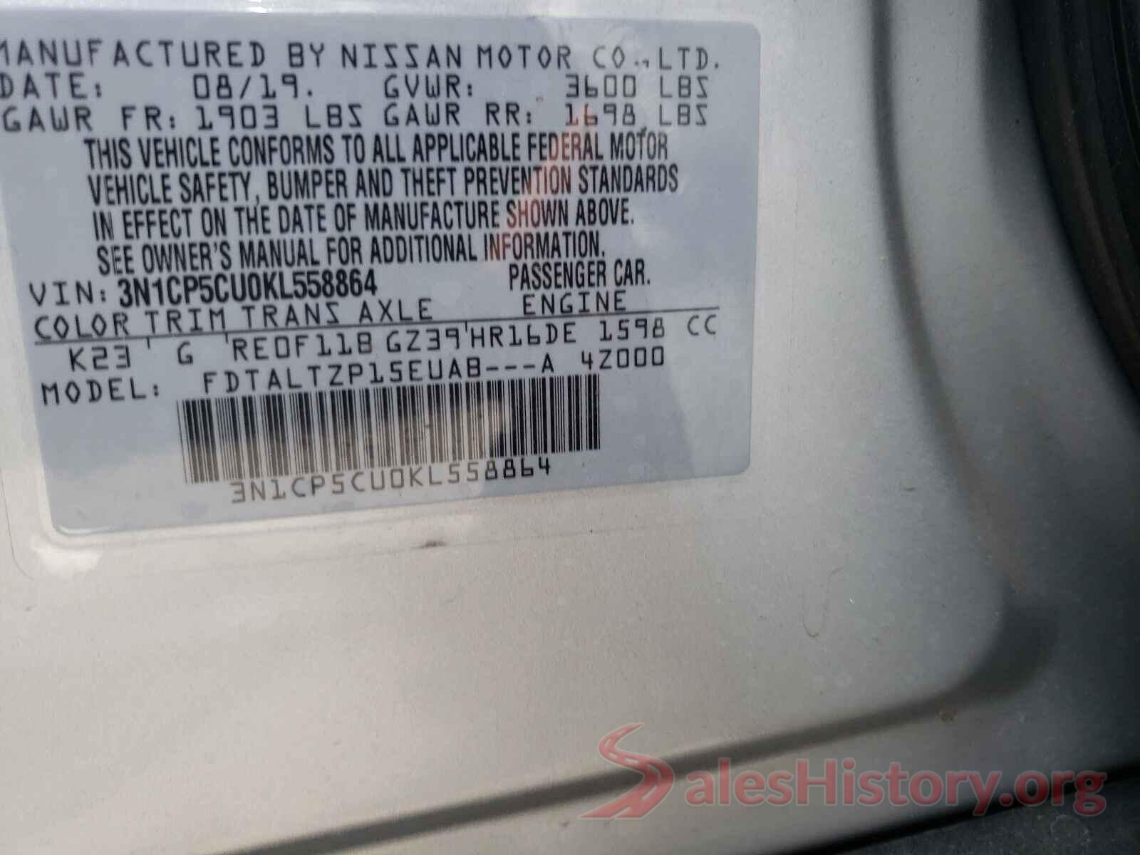 3N1CP5CU0KL558864 2019 NISSAN KICKS