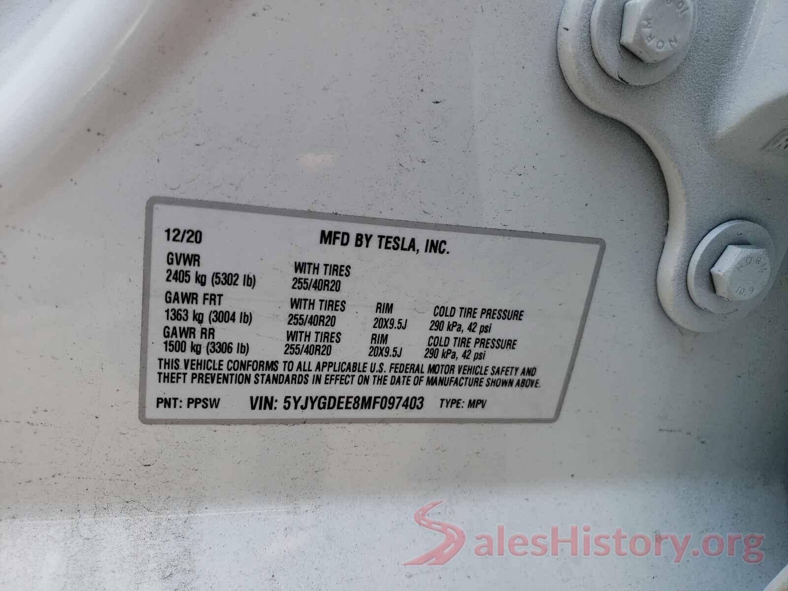 5YJYGDEE8MF097403 2021 TESLA MODEL Y