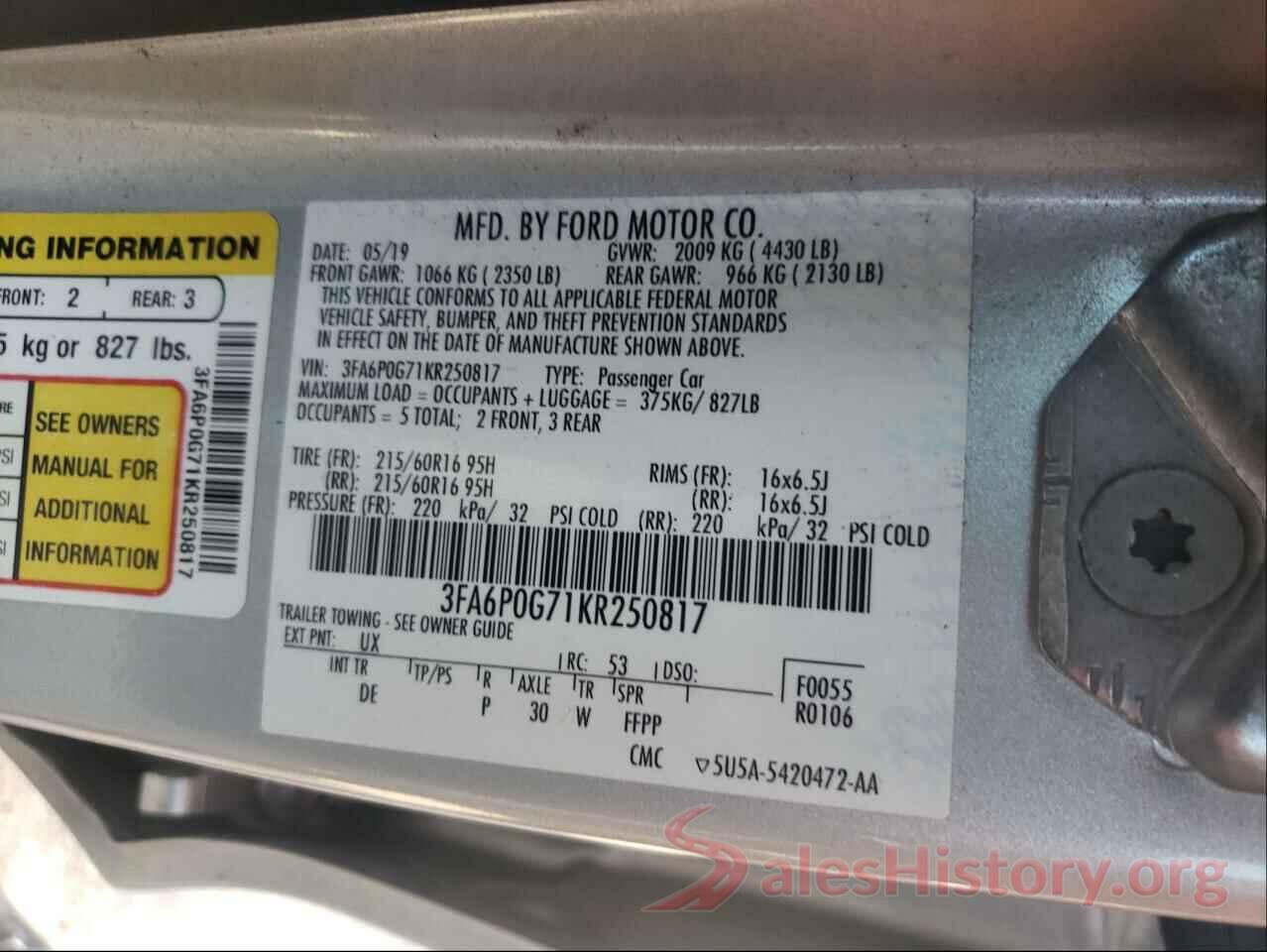 3FA6P0G71KR250817 2019 FORD FUSION