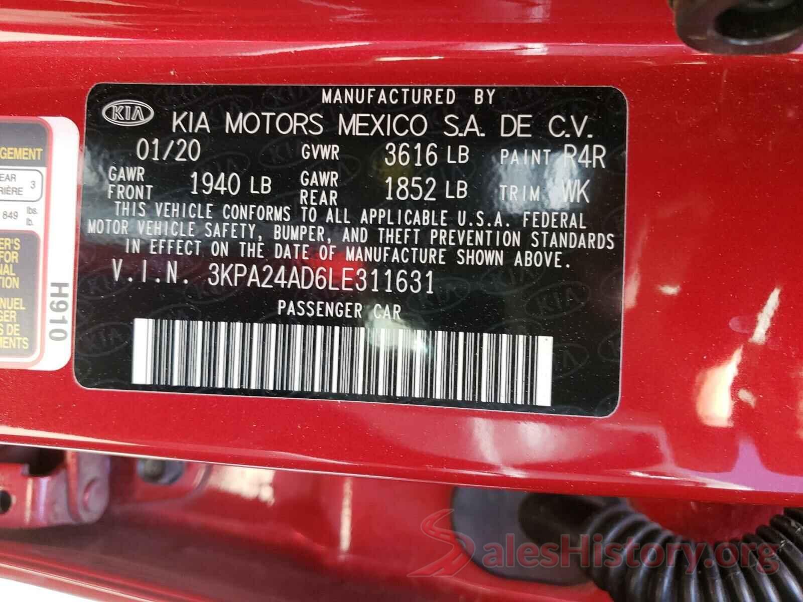 3KPA24AD6LE311631 2020 KIA RIO