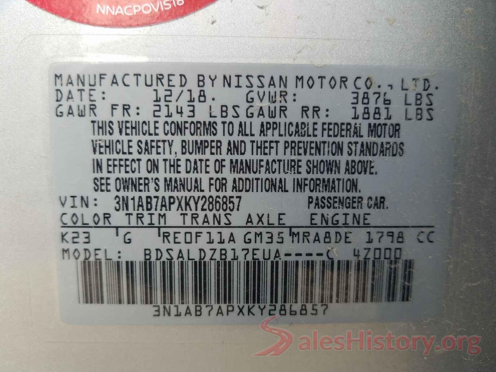 3N1AB7APXKY286857 2019 NISSAN SENTRA