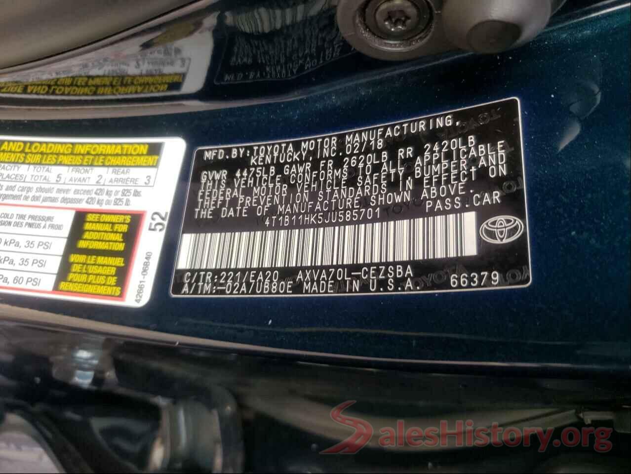 4T1B11HK5JU585701 2018 TOYOTA CAMRY