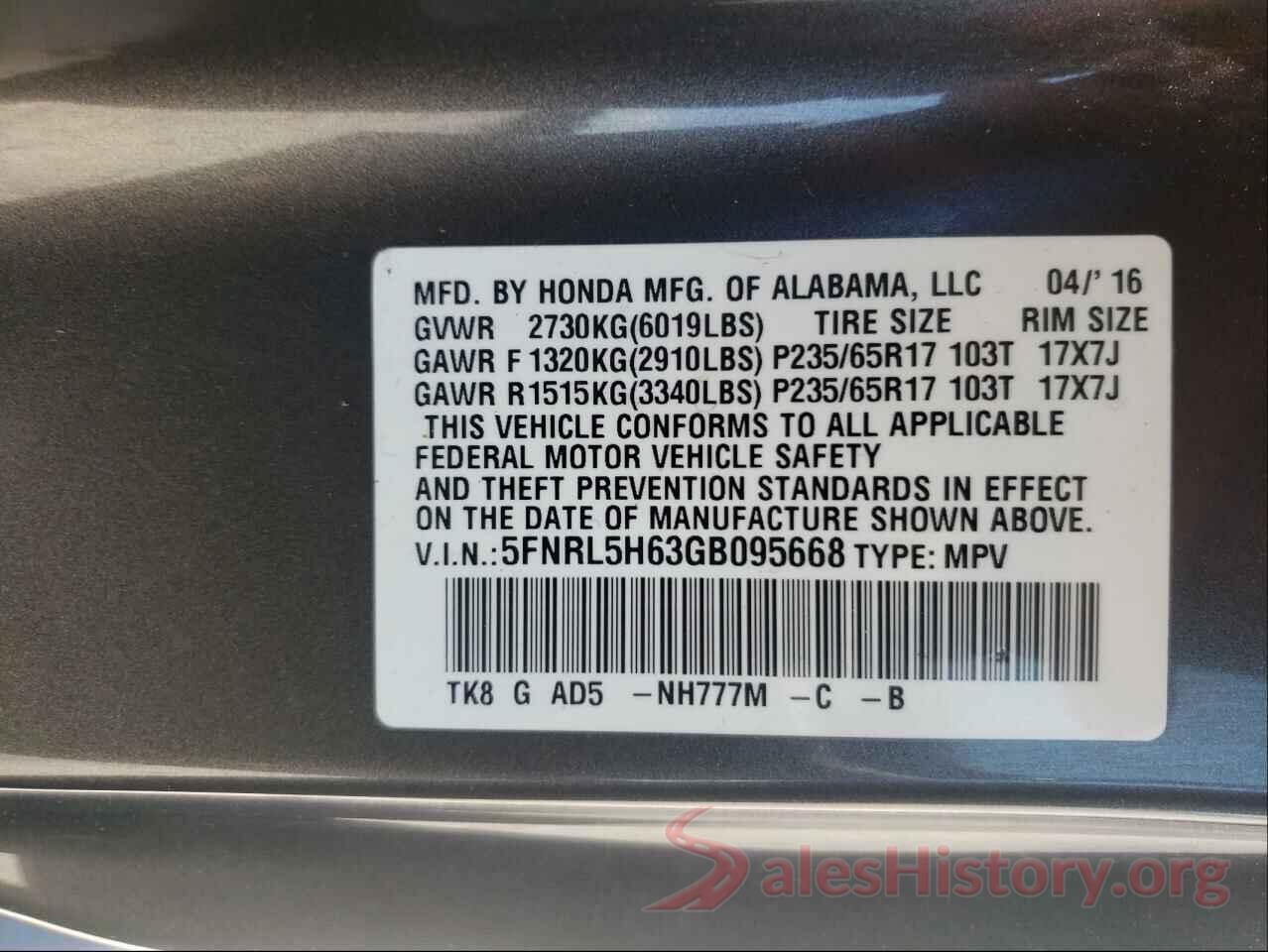 5FNRL5H63GB095668 2016 HONDA ODYSSEY