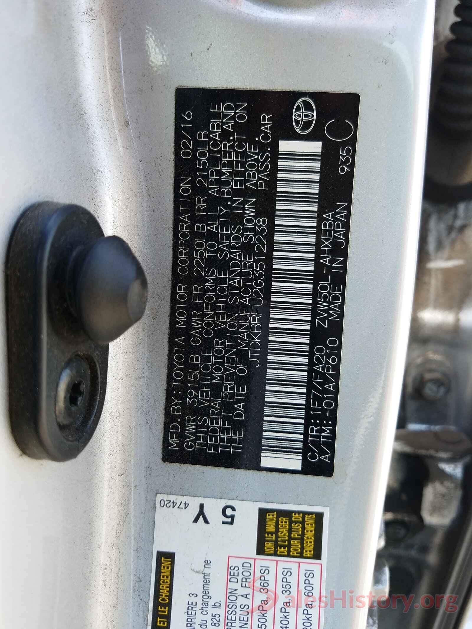 JTDKBRFU2G3512238 2016 TOYOTA PRIUS