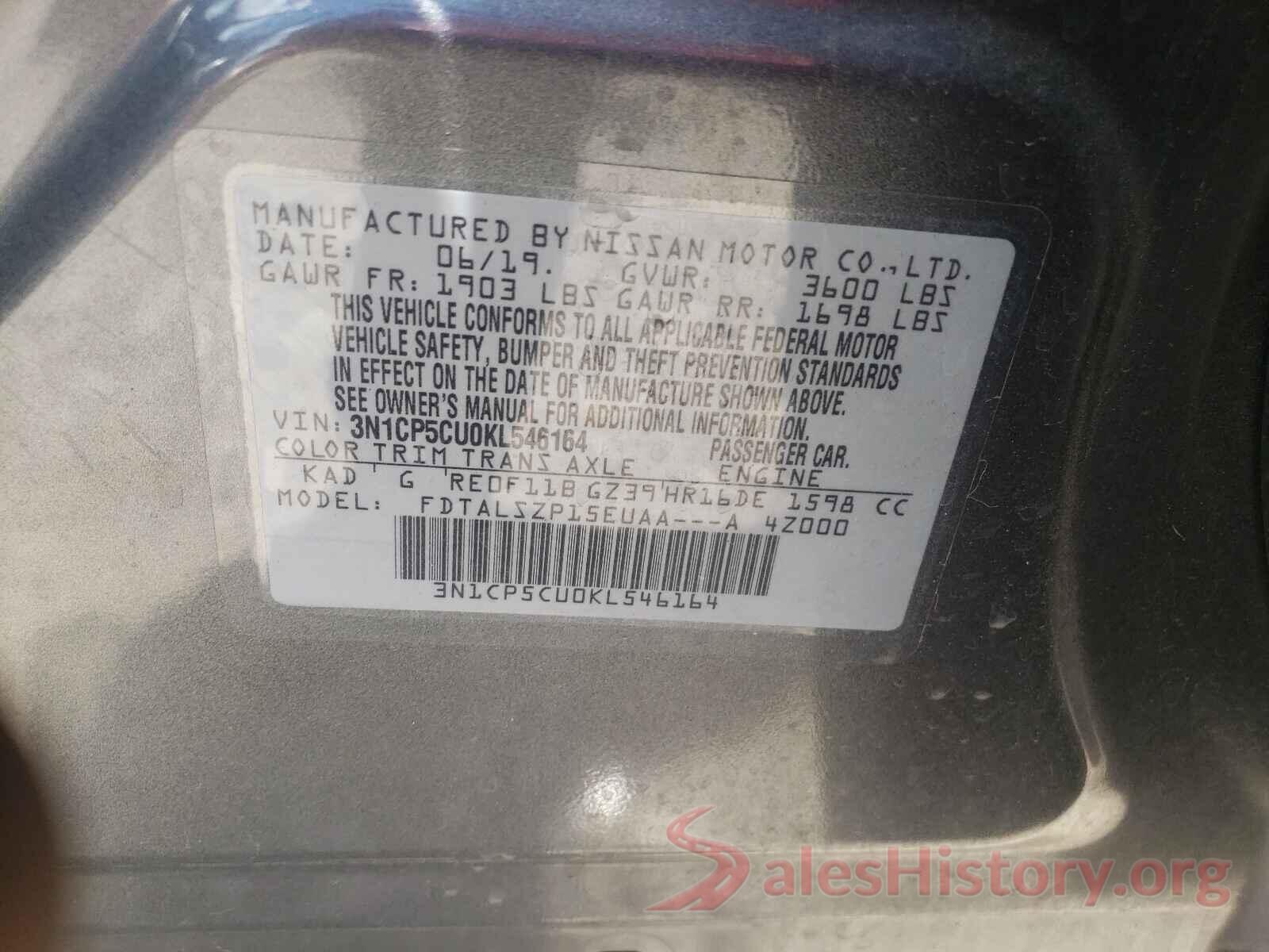 3N1CP5CU0KL546164 2019 NISSAN KICKS