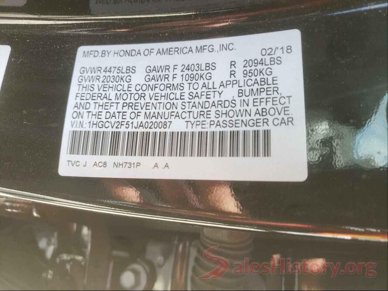 1HGCV2F51JA020087 2018 HONDA ACCORD