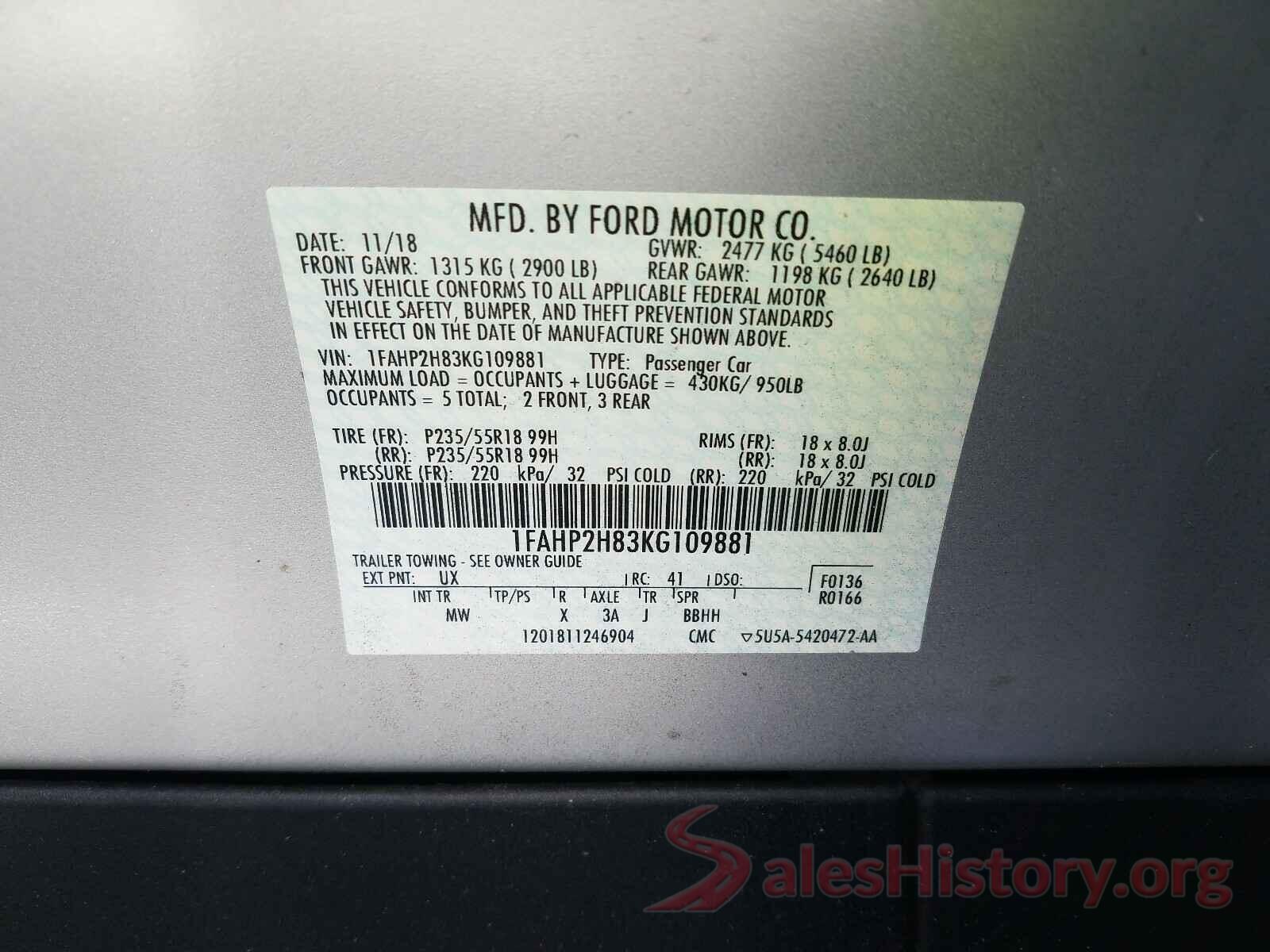 1FAHP2H83KG109881 2019 FORD TAURUS