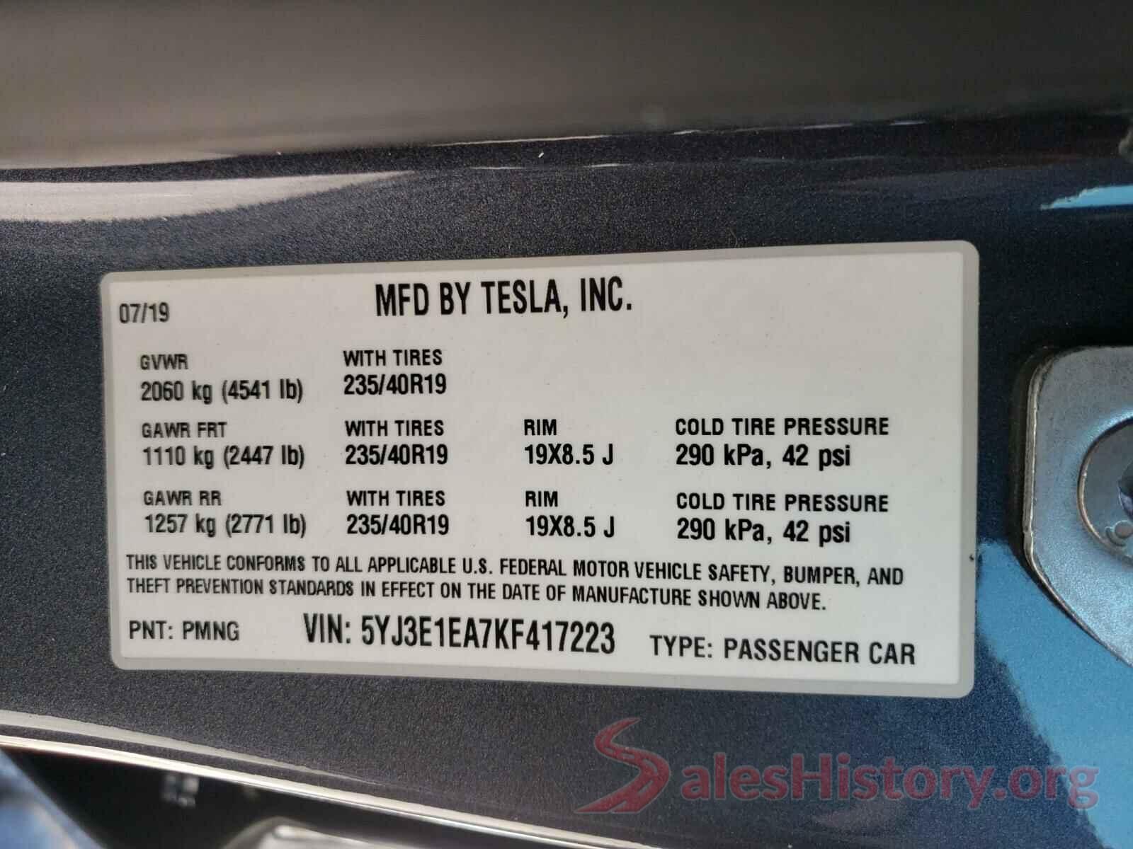 5YJ3E1EA7KF417223 2019 TESLA MODEL 3