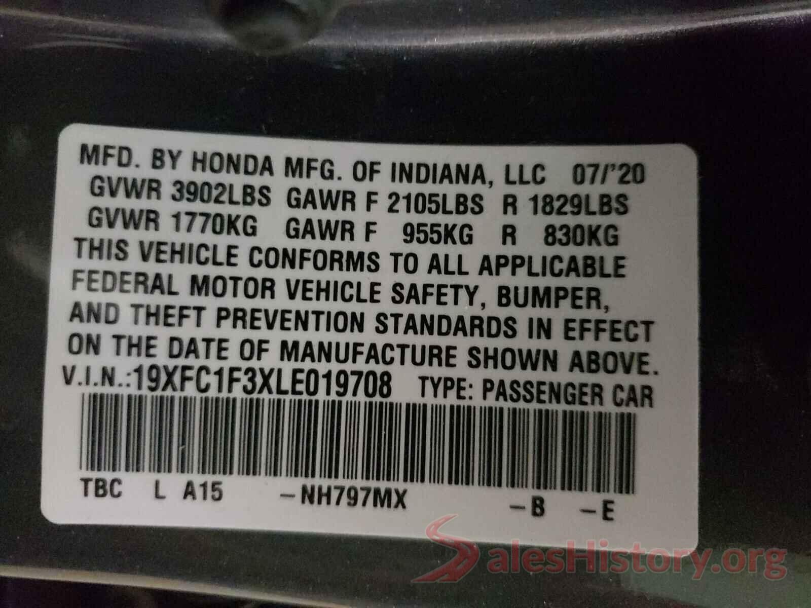 19XFC1F3XLE019708 2020 HONDA CIVIC