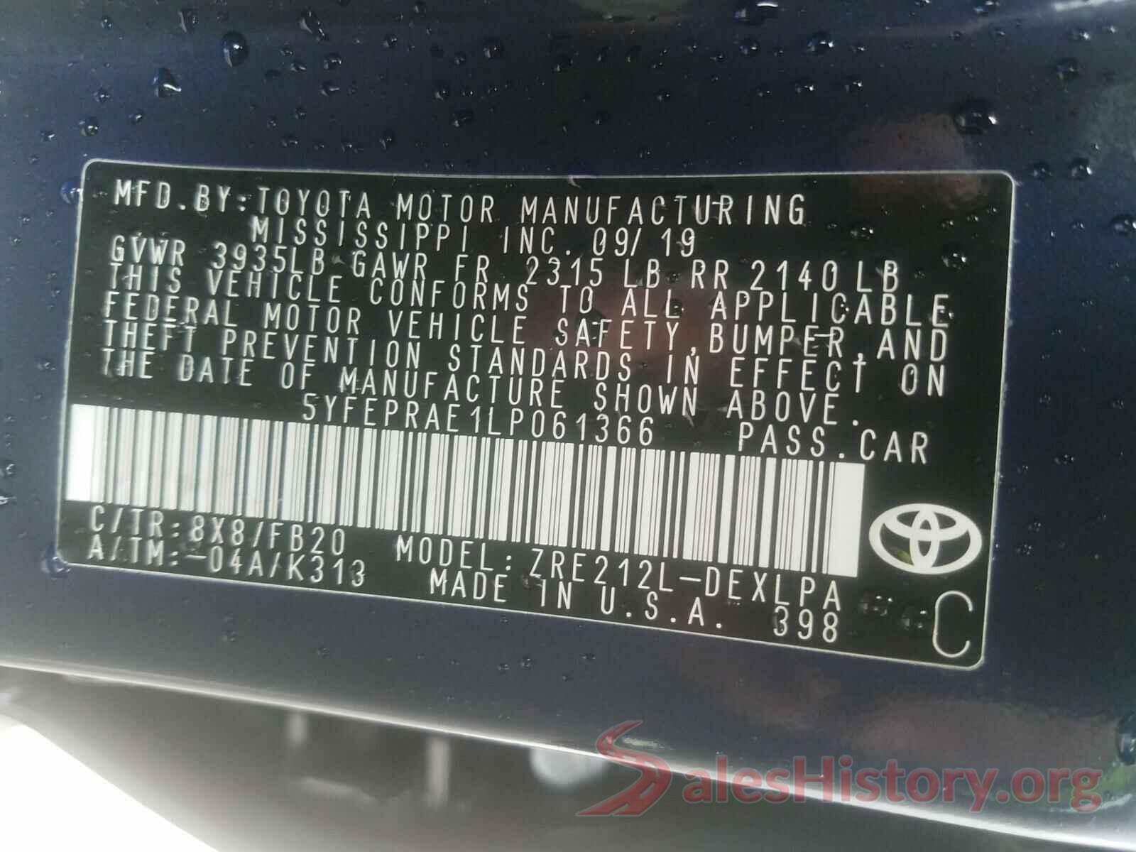 5YFEPRAE1LP061366 2020 TOYOTA COROLLA