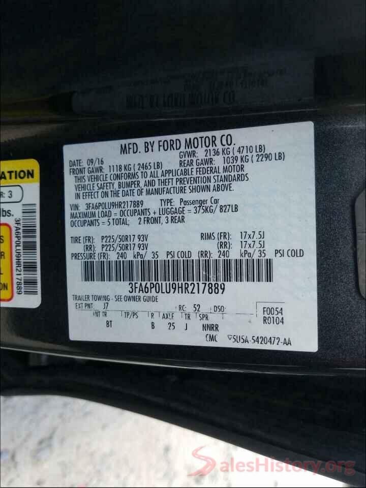 3FA6P0LU9HR217889 2017 FORD FUSION