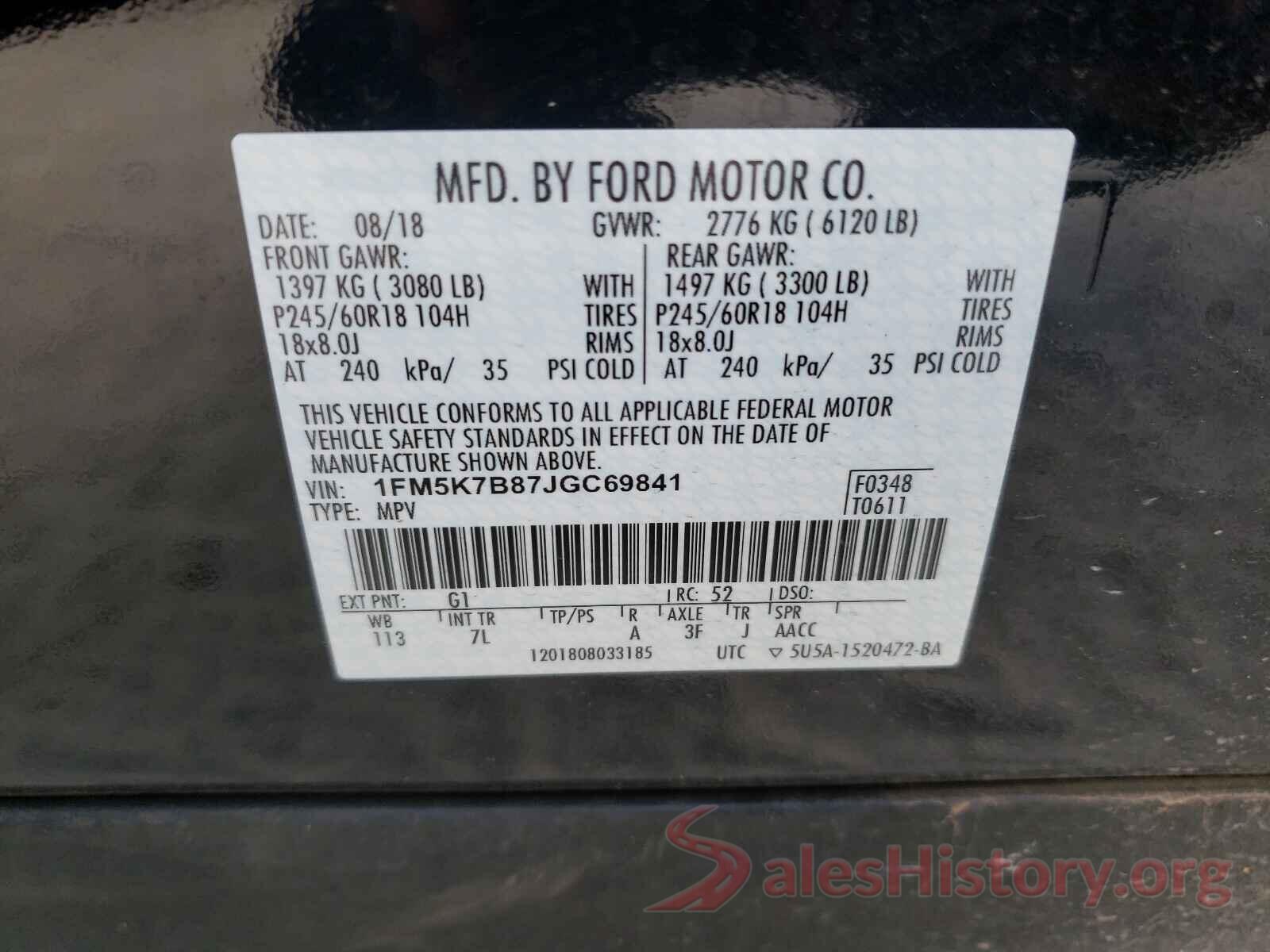 1FM5K7B87JGC69841 2018 FORD EXPLORER