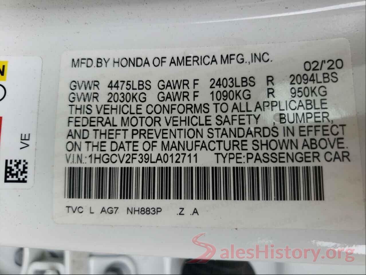 1HGCV2F39LA012711 2020 HONDA ACCORD