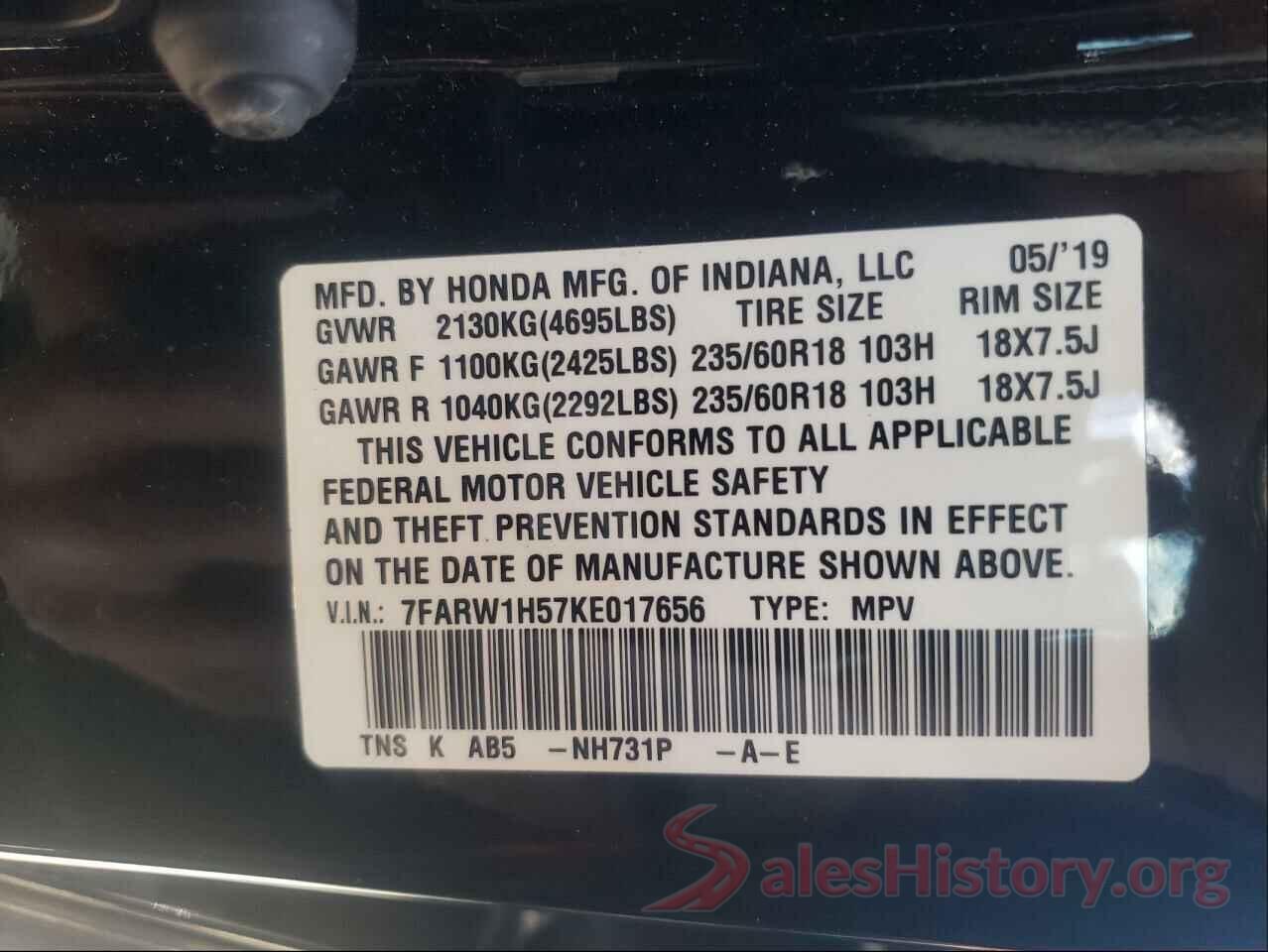 7FARW1H57KE017656 2019 HONDA CRV