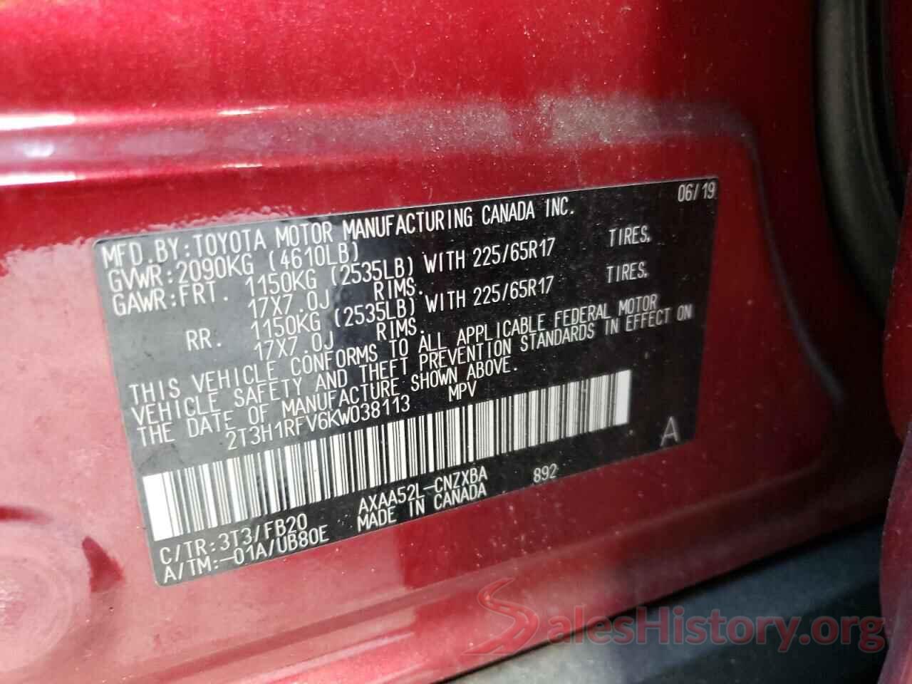 2T3H1RFV6KW038113 2019 TOYOTA RAV4