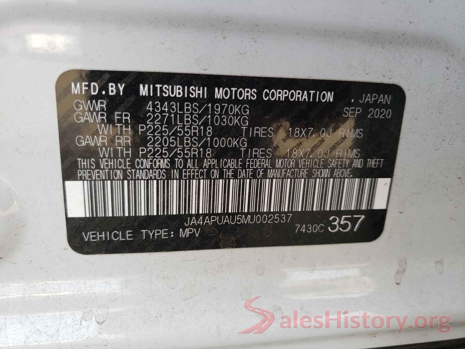 JA4APUAU5MU002537 2021 MITSUBISHI OUTLANDER