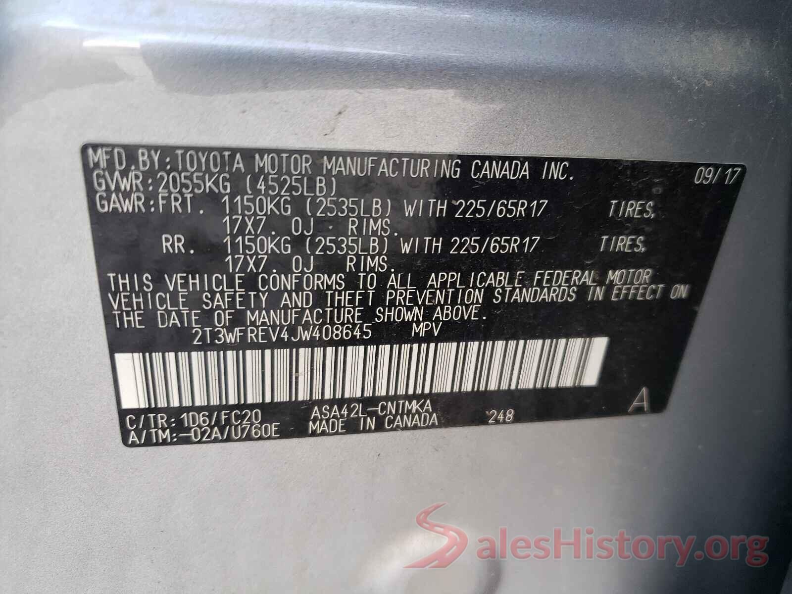 2T3WFREV4JW408645 2018 TOYOTA RAV4