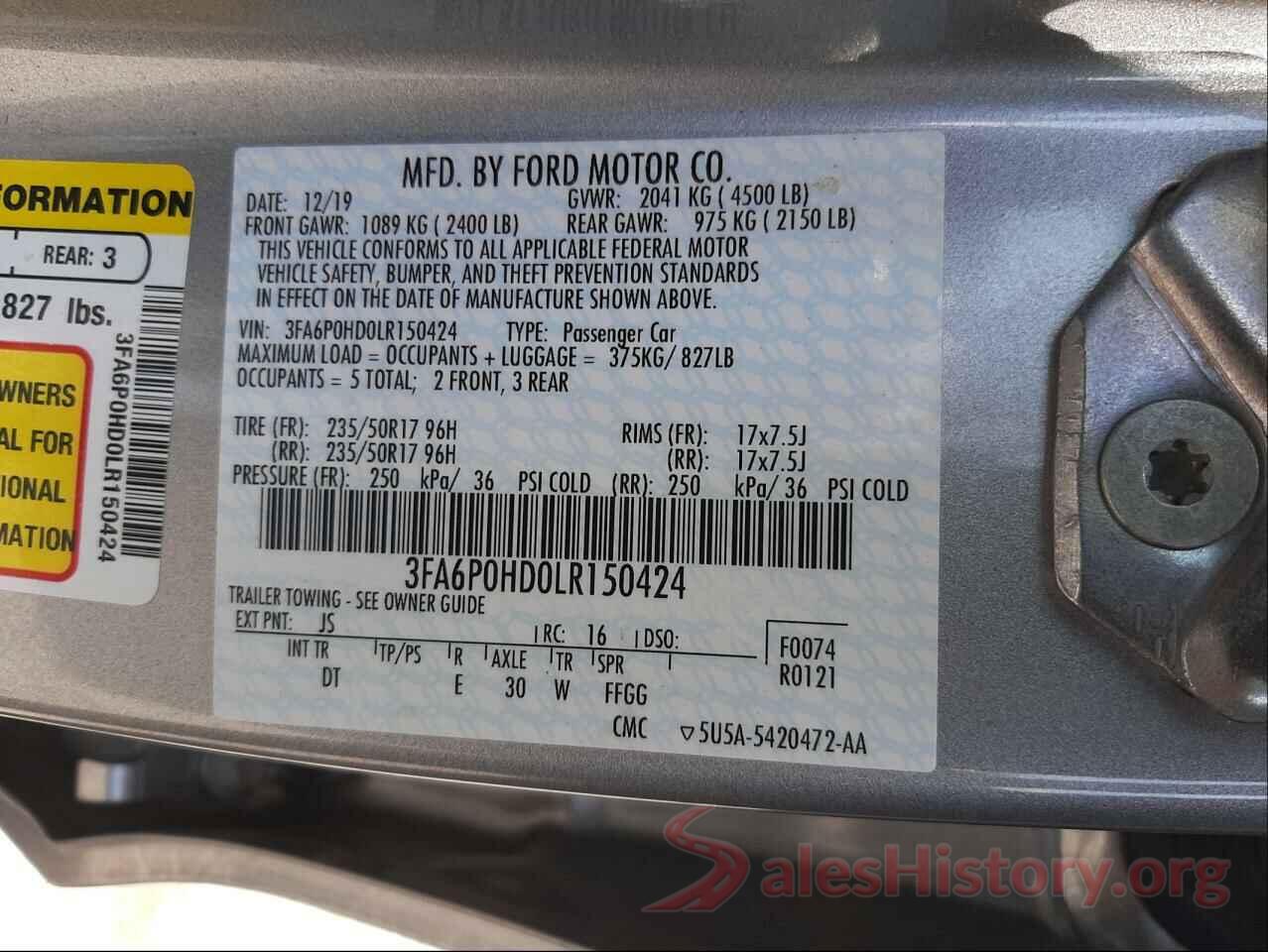 3FA6P0HD0LR150424 2020 FORD FUSION